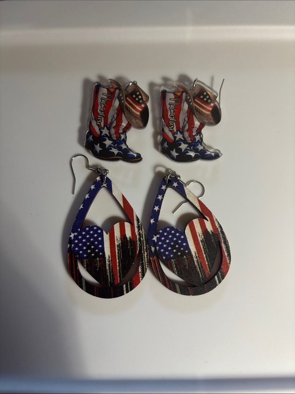 Patriotic American Flag Cowboy Boot & Heart Earrings Set